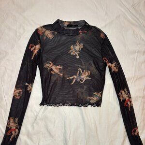 Womens Long Sleeve Black Cropped Sheer Mesh Top, S, Whimsygoth, Angel Print, Y2K